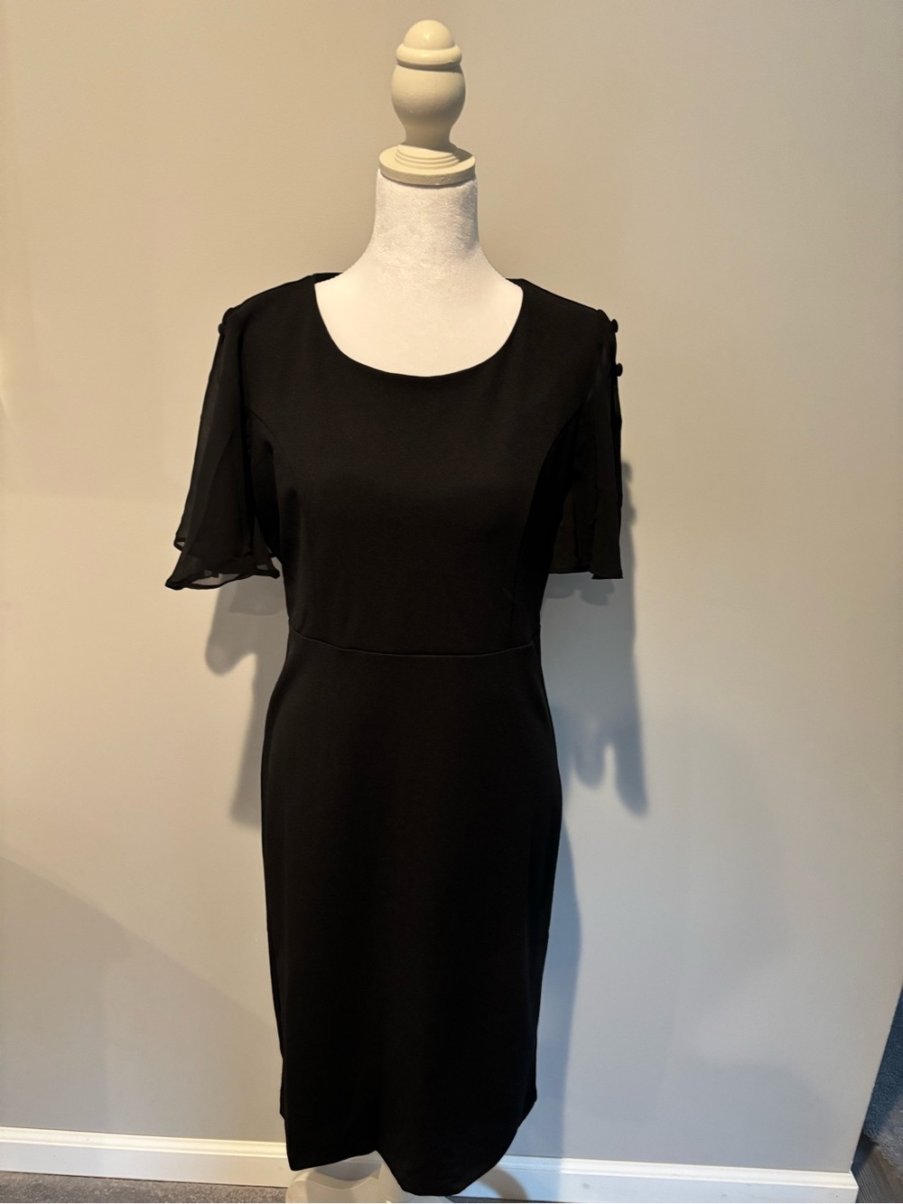 Nina Leonard Black Midi Sheath Dress with Flutter Short Sleeves